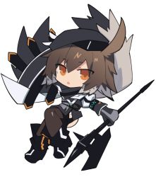 Rule 34 | 1girl, ahoge, arknights, beret, black footwear, black hat, brown hair, brown thighhighs, chibi, cloak, commentary request, feather hair, full body, gloves, hair between eyes, hat, infection monitor (arknights), long sleeves, looking at viewer, multicolored hair, open mouth, orange eyes, plume (arknights), sasa onigiri, short hair, simple background, solo, standing, strap, thighhighs, two-tone hair, white background, white hair