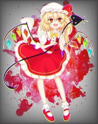 Rule 34 | 1girl, bow, bowtie, crystal wings, dress, flandre scarlet, full body, hat, hat ribbon, highres, laevatein (touhou), medium hair, open mouth, puffy short sleeves, puffy sleeves, red dress, red ribbon, ribbon, run (user hxrh5855), short sleeves, side ponytail, solo, touhou, white mob cap, yellow bow, yellow bowtie