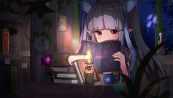 Rule 34 | 1girl, ame., blue kimono, blue ribbon, blurry, blurry foreground, blush, book, book stack, commentary request, covered mouth, depth of field, hair ribbon, holding, holding book, indoors, japanese clothes, kerosene lamp, kimono, kyouka (princess connect!), long hair, long sleeves, night, open book, orb, pointy ears, princess connect!, purple eyes, purple hair, ribbon, solo, staff, twintails, upper body, wide sleeves, window