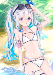 Rule 34 | 1girl, absurdres, amane kanata, angel, angel wings, bikini, blue hair, colored inner hair, eme (emeralda), eyewear on head, flat chest, frills, grey hair, hair between eyes, hair ornament, hair scrunchie, hairclip, highres, hololive, jewelry, long hair, looking at viewer, midriff, multicolored hair, navel, necklace, purple eyes, sand, scrunchie, sitting, skindentation, solo, stomach, sunglasses, swimsuit, thigh strap, twintails, very long hair, virtual youtuber, water, wings, x hair ornament