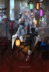 Rule 34 | 1girl, artist name, asymmetrical legwear, bare shoulders, black thighhighs, book, book on lap, boots, copyright name, crystal, detached sleeves, expressionless, fantasy, floating, full body, highres, holding, lantern, long hair, looking at viewer, original, pink eyes, pixiv fantasia, pixiv fantasia revenge of the darkness, single thighhigh, sitting, sleeveless, solo, swd3e2, thighhighs, turtleneck, uneven legwear, white hair, wide sleeves