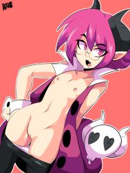 Rule 34 | 1girl, bigdead, breasts, cleft of venus, demon horns, disgaea, fang, female focus, flat chest, glasses, highres, horns, looking at viewer, navel, pink hair, pussy, raspberyl, simple background, solo, standing, uncensored
