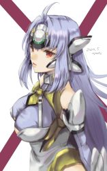 Rule 34 | 1girl, android, blue hair, breasts, elbow gloves, gloves, highres, impossible clothes, kos-mos, kos-mos ver. 4, long hair, red eyes, solo, white background, xenosaga, yamamori kinako