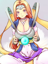 Rule 34 | 1girl, armor, bad id, bad pixiv id, blonde hair, blush, bracelet, breastplate, breasts, choker, circlet, cleavage, crystal ball, dragon quest, dragon quest vi, earrings, female focus, gradient background, jewelry, katori (mocchidou), large breasts, long hair, mireyu, necklace, purple eyes, ribbon, sitting, sketch, smile, solo