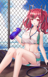 Rule 34 | 1girl, azur lane, bag, bare legs, bare shoulders, black panties, blue sky, bottle, breasts, bremerton (azur lane), bremerton (scorching-hot training) (azur lane), chain-link fence, cleavage, cloud, collarbone, collared shirt, commentary, cowboy shot, crop top, crop top overhang, day, fence, green skirt, grey hair, guaishou ling shi, hair intakes, hair ornament, hairclip, hand up, highres, holding, holding bottle, large breasts, long hair, looking at viewer, midriff, multicolored hair, navel, no mole, ocean, panties, pantyshot, pink eyes, pink hair, racket, shadow, shirt, sidelocks, sitting, skirt, sky, sleeveless, sleeveless shirt, solo, sportswear, streaked hair, tennis racket, tennis uniform, triangle mouth, twintails, two-tone hair, two-tone shirt, two-tone skirt, underwear, water bottle, wet, wet clothes, wet shirt, white shirt, white skirt, x hair ornament