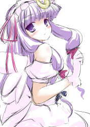 Rule 34 | 1girl, alternate costume, bare shoulders, blush, bow, coo (coonekocoo), crescent, crescent hair ornament, crescent moon, female focus, gloves, hair bow, hair ornament, long hair, looking back, moon, patchouli knowledge, purple eyes, purple hair, sketch, solo, touhou, wings