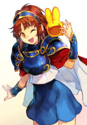 Rule 34 | 1girl, arle nadja, armor, armored dress, blue skirt, brown eyes, brown hair, cape, carbuncle (puyopuyo), compile, creature, hungry clicker, looking at viewer, madou monogatari, one eye closed, open mouth, puyopuyo, sega, short hair, simple background, skirt, smile