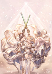 Rule 34 | 1boy, 1girl, 2018, :d, arm up, armor, bad id, bad pixiv id, blonde hair, brown eyes, choker, covered navel, dated, detached sleeves, djeeta (granblue fantasy), floating hair, flower, gran (granblue fantasy), granblue fantasy, hair flower, hair ornament, highres, holding, holding sword, holding weapon, leotard, milli little, open mouth, pants, pauldrons, shoulder armor, signature, smile, standing, strapless, strapless leotard, sword, thighhighs, weapon, white flower, white leotard, white pants, white thighhighs