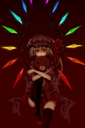 Rule 34 | 1girl, absurdres, bad id, bad pixiv id, blonde hair, damaged, flandre scarlet, highres, looking at viewer, red background, red eyes, red theme, short hair, simple background, stuffed animal, stuffed toy, suiky, teddy bear, thighhighs, torn ribbon, touhou, toy, wings, zettai ryouiki