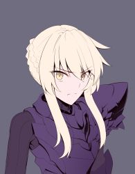 Rule 34 | 1girl, absurdres, armor, artoria pendragon (all), artoria pendragon (fate), blonde hair, boa (brianoa), braid, breastplate, closed mouth, eyes visible through hair, fate/stay night, fate (series), grey background, hair bun, highres, long sleeves, looking at viewer, pauldrons, saber alter, short hair, shoulder armor, sidelocks, simple background, single hair bun, single pauldron, solo, upper body, yellow eyes