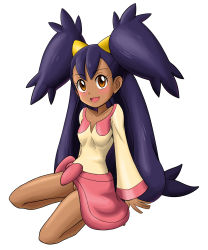 Rule 34 | 1girl, big hair, blush, breasts, brown eyes, cleft of venus, collarbone, creatures (company), dark-skinned female, dark skin, female focus, full body, game freak, hair ornament, happy, highres, iris (pokemon), long hair, long sleeves, looking at viewer, miniskirt, nintendo, no panties, open mouth, pink skirt, pokemon, pokemon bw, purple hair, pussy, shiny clothes, shiny skin, shirt, shougun (chuckni1), simple background, sitting, skirt, small breasts, smile, solo, two side up, uncensored, very long hair, white background, yellow shirt
