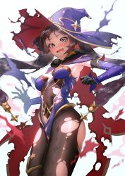 Rule 34 | 1girl, armpits, artist request, ass, black pantyhose, blurry, blush, bodysuit, bodysuit under clothes, breasts, brown hair, cape, depth of field, detached sleeves, elbow gloves, embarrassed, genshin impact, gloves, green eyes, hair ornament, hair ribbon, hat, highres, leotard, long hair, looking down, mona (genshin impact), open mouth, pantyhose, purple hat, ribbon, shiny clothes, shiny skin, simple background, solo, surprised, tears, thighlet, torn cape, torn clothes, torn pantyhose, twintails, very long hair, white background