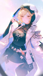 1girl asymmetrical_legwear black_hairband black_headband blonde_hair djeeta_(granblue_fantasy) fingerless_gloves gloves granblue_fantasy hairband headband highres honing_seeker:_nova hood hoodie jacket mismatched_legwear official_alternate_costume single_shoulder_pad solo vienri white_jacket wide_sleeves