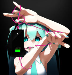 Rule 34 | 1girl, absurdres, aqua eyes, aqua hair, aqua nails, aqua necktie, arm up, armpits, black background, blue eyes, blue nails, cable, cellphone, commentary request, dot nose, electricity, hair between eyes, hair ornament, hatsune miku, highres, holding, kinosuke (pattaba), long hair, looking at viewer, mouth hold, nail polish, necktie, phone, power symbol, power symbol-shaped pupils, shirt, simple background, sleeveless, sleeveless shirt, smartphone, solo, symbol-shaped pupils, twintails, upper body, vocaloid