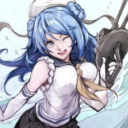 Rule 34 | 1girl, adapted turret, blue background, blue eyes, blue hair, breasts, cannon, double bun, elbow gloves, gloves, grey skirt, gun, hair bun, hat, kantai collection, large breasts, long hair, looking at viewer, neckerchief, nona (goodboy), pleated skirt, sailor hat, school uniform, serafuku, skirt, sleeves rolled up, solo, teeth, tongue, tongue out, turret, urakaze (kancolle), water, weapon, white hat, yellow neckerchief