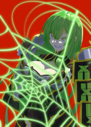 1girl absurdres armor black_dress black_gloves cleavage_cutout clenched_hand clenched_teeth clothing_cutout commentary_request dress fur_trim gloves green_eyes green_hair green_sash highres hizamaru_(tenka_hyakken) japanese_armor kote long_hair red_background sash silk smile solo spider_web tablehelpbottle teeth tenka_hyakken