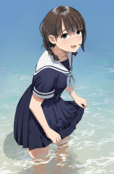 Rule 34 | 1girl, :d, black dress, blue bow, bow, braid, collarbone, day, dress, eyebrows hidden by hair, grey eyes, hair ornament, hairclip, long hair, looking at viewer, mattaku mousuke, open mouth, original, outdoors, pleated dress, sailor collar, sailor dress, short sleeves, smile, solo, standing, twin braids, twintails, wading, water, watermark, white sailor collar