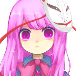 Rule 34 | 1girl, :t, asymmetrical bangs, bow, bowtie, buttons, closed mouth, collared shirt, commentary, expressionless, eyelashes, fox mask, hata no kokoro, kani (cpj2), long hair, looking at viewer, mask, mask on head, parted bangs, pink bow, pink bowtie, plaid, plaid shirt, portrait, purple eyes, purple hair, shirt, short eyebrows, simple background, solo, star (symbol), strap, swept bangs, touhou, white background