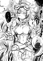 1girl ahoge alchemic_magician belt duel_monster female_focus flask gloves goggles greyscale long_hair monochrome round-bottom_flask sketch solo test_tube white_background yu-gi-oh!