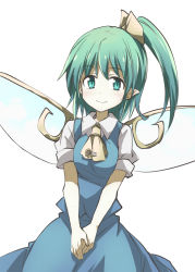 Rule 34 | 1girl, ascot, blue dress, blush, bow, commentary request, daiyousei, dress, fairy wings, green eyes, green hair, hair bow, looking at viewer, matching hair/eyes, own hands together, pointy ears, puffy short sleeves, puffy sleeves, short sleeves, side ponytail, smile, solo, suichuu hanabi, touhou, v arms, white background, wings, yellow bow