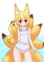 Rule 34 | 1girl, animal ears, bare arms, bare shoulders, blue background, blush, breasts, cameltoe, camisole, closed mouth, collarbone, fox ears, fox girl, fox tail, gradient background, hair between eyes, highres, kitsune, kurotsutsuki, kyuubi, long hair, looking at viewer, multiple tails, original, red eyes, side ponytail, sidelocks, small breasts, smile, solo, tail, very long hair, white background, white camisole