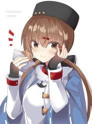 Rule 34 | 1girl, anchor necklace, black bow, black gloves, black hat, blue shawl, bow, bread, brown eyes, brown hair, fathom, fingerless gloves, food, fur hat, gloves, hair bow, hand on own face, hat, highres, jacket, jewelry, kantai collection, long hair, looking at viewer, low twintails, necklace, papakha, ribbon trim, scarf, shawl, simple background, solo, tashkent (kancolle), torn clothes, torn scarf, twintails, twitter username, upper body, white background, white jacket, white scarf
