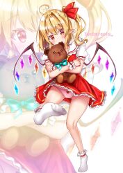 Rule 34 | 1girl, ahoge, bear, biting, blonde hair, blue bow, blue bowtie, bow, bowtie, collared shirt, colored eyelashes, commentary request, crystal, crystal wings, fangs, flandre scarlet, foot up, frilled shirt collar, frilled skirt, frilled socks, frills, hair ribbon, highres, holding, holding stuffed toy, long hair, miniskirt, no headwear, no shoes, one side up, panties, pantyshot, pointy ears, projected inset, puffy short sleeves, puffy sleeves, red bow, red eyes, red ribbon, red skirt, red vest, ribbon, sakuramiya nya, shirt, short sleeves, side ponytail, skirt, skirt set, sleeve bow, smile, socks, stuffed animal, stuffed toy, teddy bear, thighs, touhou, touhou cannonball, twitter username, underwear, vest, white shirt, white socks, wrist cuffs