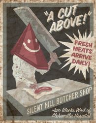 Rule 34 | 1boy, beef, butcher, food, highres, knife, meat, parody, poster (medium), pyramid head, silent hill, smile, solo, sword, weapon