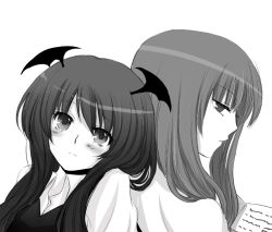 Rule 34 | 2girls, back-to-back, bad id, bad pixiv id, bat wings, blush, book, female focus, greyscale, head wings, koakuma, long hair, looking at viewer, monochrome, multiple girls, no headwear, no headwear, open book, patchouli knowledge, reading, sui (camellia), embodiment of scarlet devil, touhou, wings
