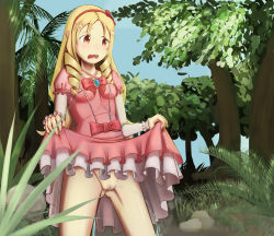 Rule 34 | 1girl, blonde hair, bow, breasts, clitoris, clothes lift, collarbone, dress, dress lift, drill hair, eromanga sensei, gluteal fold, grass, highres, legs apart, lifted by self, long sleeves, looking down, no panties, open mouth, outdoors, peeing, pink dress, pink sleeves, plant, pointy ears, pussy, red bow, rock, small breasts, standing, tree, twin drills, uncensored, yamada elf