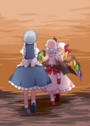 Rule 34 | 3girls, bad id, bad pixiv id, bat wings, bow, carrying, commentary request, dress, closed eyes, female focus, flandre scarlet, from behind, hammer (sunset beach), hat, hat bow, izayoi sakuya, light purple hair, maid, maid headdress, multiple girls, remilia scarlet, short hair, siblings, side ponytail, silver hair, sisters, smile, touhou, wings