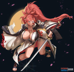 Rule 34 | 1girl, baiken, breasts, cleavage, eyepatch, facial tattoo, female focus, guilty gear, guilty gear strive, japanese clothes, katana, kimono, large breasts, leaning forward, long hair, multicolored clothes, multicolored kimono, niur, one-eyed, pink hair, ponytail, red eyes, sash, scar, scar across eye, scar on face, solo, sword, tattoo, weapon, white kimono