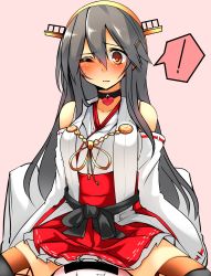 Rule 34 | !, 10s, 1girl, admiral (kancolle), bare shoulders, black hair, boots, breasts, brown eyes, collarbone, cowboy shot, detached sleeves, hair ornament, hairclip, haruna (kancolle), heart, heart-shaped pupils, highres, kantai collection, large breasts, long hair, looking at viewer, miniskirt, nontraditional miko, one eye closed, pink background, pov, ribbon-trimmed sleeves, ribbon trim, simple background, skirt, solo, spoken exclamation mark, straddling, sweatdrop, symbol-shaped pupils, thigh boots, thighhighs, tsukui kachou