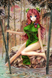 Rule 34 | 1girl, adapted costume, bamboo, bamboo forest, bare legs, barefoot, blue eyes, braid, breasts, bun cover, china dress, chinese clothes, double bun, dress, forest, green dress, green skirt, hair bun, hair ribbon, hong meiling, kabaji, large breasts, long hair, looking at viewer, nature, pelvic curtain, quipao, red hair, ribbon, side slit, skirt, soaking feet, solo, touhou, twin braids, very long hair, water