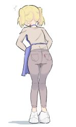 Rule 34 | 1girl, absurdres, apron, ass, blonde hair, borrowed character, flying sweatdrops, from behind, harsha (eisu), highres, original, panties visible through clothes, shoes, simple background, sneakers, twintails, white background, zlix0n
