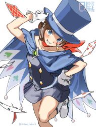 1girl ace_attorney apollo_justice:_ace_attorney artist_name blue_cape blue_dress blue_eyes blue_hat blush brown_hair cape card commentary_request dress from_above gloves hat highres izumi_whale looking_at_viewer playing_card simple_background smile solo standing standing_on_one_leg top_hat trucy_wright twitter_username white_background white_gloves