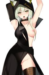 Rule 34 | 1girl, absurdres, animal ears, arknights, armpits, arms up, asymmetrical clothes, ateoyh, black collar, black dress, black thighhighs, blush, breasts, breath, cat ears, chinese commentary, collar, collarbone, contrapposto, cowboy shot, detached sleeves, dress, furrowed brow, gluteal fold, green eyes, groin, hair over breasts, heavy breathing, highres, hood, hood up, kal&#039;tsit (arknights), light green hair, looking at viewer, medium breasts, medium hair, no panties, official alternate costume, one breast out, open mouth, saliva, see-through silhouette, simple background, single sleeve, solo, sweat, sweatdrop, thighhighs, thighs, tongue, tongue out, white background