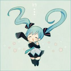 Rule 34 | 1girl, 39, aqua eyes, aqua hair, ayu (mog), bare shoulders, black thighhighs, chibi, closed eyes, flower, full body, grey shirt, hair ribbon, hand up, hatsune miku, long hair, long sleeves, md5 mismatch, necktie, open mouth, outstretched arm, revision, ribbon, shirt, shoulder tattoo, sleeveless, sleeveless shirt, smile, solo, star (symbol), tattoo, thighhighs, twintails, vocaloid