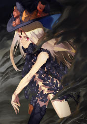 Rule 34 | 1girl, abigail williams (fate), abigail williams (second ascension) (fate), asymmetrical footwear, black bow, black hat, black panties, blonde hair, bow, fate/grand order, fate (series), hat, highres, keyhole, kuuki (pixiv2244659), long hair, mismatched footwear, orange bow, panties, polka dot, polka dot bow, red eyes, revealing clothes, single thighhigh, solo, stuffed animal, stuffed toy, teddy bear, thighhighs, underwear, witch hat