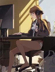Rule 34 | 1girl, ahoge, artist name, bag, barefoot, black shirt, brown eyes, brown hair, closed mouth, collared shirt, computer, cup, foot out of frame, headphones, headset, highres, holding, holding cup, indoors, keyboard (computer), legs, long hair, looking at screen, loose necktie, marmaladica, messy room, microphone, monitor, morgana (persona 5), necktie, no pants, panties, persona, persona 5, sakura futaba, shirt, solo, striped clothes, striped panties, thighs, trash can, underwear, unworn socks, window, wire