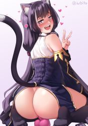 1girl animal_ear_fluff animal_ears ass bare_shoulders black_hair black_thighhighs blush cat_ears cat_girl cat_tail detached_sleeves dildo dildo_riding feet female_focus female_masturbation green_eyes heart heart-shaped_pupils highres iwbitu karyl_(princess_connect!) legs long_hair looking_at_viewer masturbation multicolored_hair object_insertion open_mouth princess_connect! sex_toy simple_background solo streaked_hair symbol-shaped_pupils tail teeth thighhighs trembling uncensored upper_teeth_only v vaginal vaginal_object_insertion very_long_hair white_hair