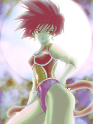 Rule 34 | 1girl, armor, backlighting, black eyes, black hair, boots, breasts, dragon ball, dragonball z, earrings, female focus, full moon, gloves, hand on own hip, jewelry, leotard, linmari, monkey tail, moon, seripa, short hair, small breasts, solo, spiked hair, tail, white gloves