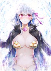 Rule 34 | 1girl, armor, bikini armor, black jacket, blush, borrowed clothes, breasts, cleavage, closed mouth, collar, earrings, fate/grand order, fate (series), flower, fujimaru ritsuka (male), fujimaru ritsuka (male) (polar chaldea uniform), hair ribbon, jacket, jacket on shoulders, jewelry, kama (fate), kama (third ascension) (fate), large breasts, long hair, looking at viewer, lotus, metal collar, navel, open clothes, open jacket, pink eyes, polar chaldea uniform, ribbon, silver hair, sparkle, utatane (hpjc5347)
