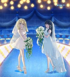Rule 34 | 2girls, angelina kudou shields, black hair, blonde hair, blue eyes, bouquet, breasts, bridal veil, candle, cleavage, copyright name, dress, drill hair, flower, full body, high heels, holding, holding bouquet, long hair, looking at viewer, mahouka koukou no rettousei, multiple girls, night, official art, shiba miyuki, smile, standing, toes, veil, wedding dress, white dress