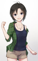 Rule 34 | 1girl, :d, antenna hair, beige shorts, black eyes, breasts, clenched hand, collarbone, gradient background, green shirt, hair between eyes, highres, idolmaster, idolmaster (classic), idolmaster 2, jewelry, kikuchi makoto, light blush, looking at viewer, mogskg, necklace, open clothes, open mouth, open shirt, pendant, shirt, short hair, shorts, sleeves rolled up, small breasts, smile, solo, tank top