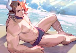 Rule 34 | 1boy, abs, alternate costume, animal ears, arknights, bara, bare pectorals, beach, blue male swimwear, blue swim briefs, brown eyes, brown hair, bulge, cow boy, cow ears, cow horns, day, earrings, foot out of frame, highres, horns, jewelry, kevin krypton, large pectorals, looking at viewer, male focus, male swimwear, matterhorn (arknights), medium hair, muscular, muscular male, nipples, outdoors, pectorals, sand, sitting, smile, solo, stomach, swim briefs, swimsuit, thick thighs, thighs, veins, water
