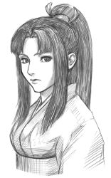 Rule 34 | 1girl, greyscale, hokuto (street fighter), japanese clothes, long hair, monochrome, monochrome, morokosi, ponytail, sketch, solo, street fighter, street fighter ex (series), upper body
