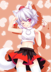 Rule 34 | &gt; o, 1girl, absurdres, animal ears, arm up, blush, female focus, hat, heart, highres, inubashiri momiji, navel, one eye closed, red eyes, shadow, skirt, solo, thighhighs, tokin hat, tongue, tongue out, touhou, white hair, white thighhighs, wink, wolf ears, wolflong