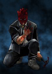 Rule 34 | 1boy, bad id, bad pixiv id, belt, blood, buckle, chain, clenched teeth, dorohedoro, formal, glaring, hammer, heart (organ), male focus, mask, necktie, on one knee, scar, shin (dorohedoro), shoes, sneakers, solo, suit, teeth, tuxedo