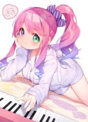 Rule 34 | alternate costume, alternate hairstyle, breasts, candy hair ornament, cleavage, collarbone, food-themed hair ornament, hair ornament, highres, himemori luna, hololive, instrument, looking at viewer, piano, pink hair, ponytail, scrunchie, simple background, tousaki shiina, virtual youtuber, white background